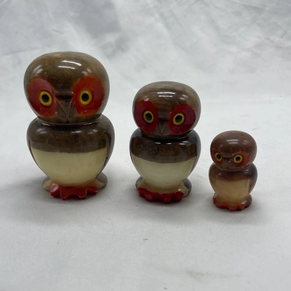 VTG hand carved alabaster owl family
